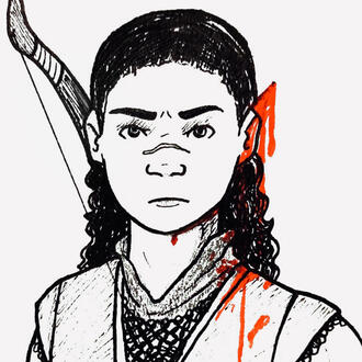 A drawing of an elf woman with long, curly hair, and her ears cut down to look like human ears. She has a scar over the bridge of her nose, and a bow over her shoulder. There is phantom blood over her ears showing where the elf ears used to be.