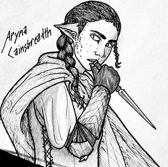 A drawing of a clone with short hair, looking over the edge of a bed with a scowl.